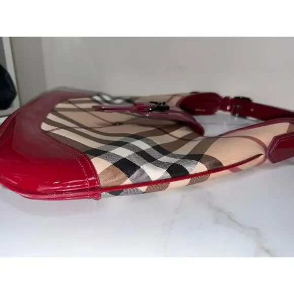 Burberry Nova Check Hobo Bag with Red Patent Trim Shoulder Bags